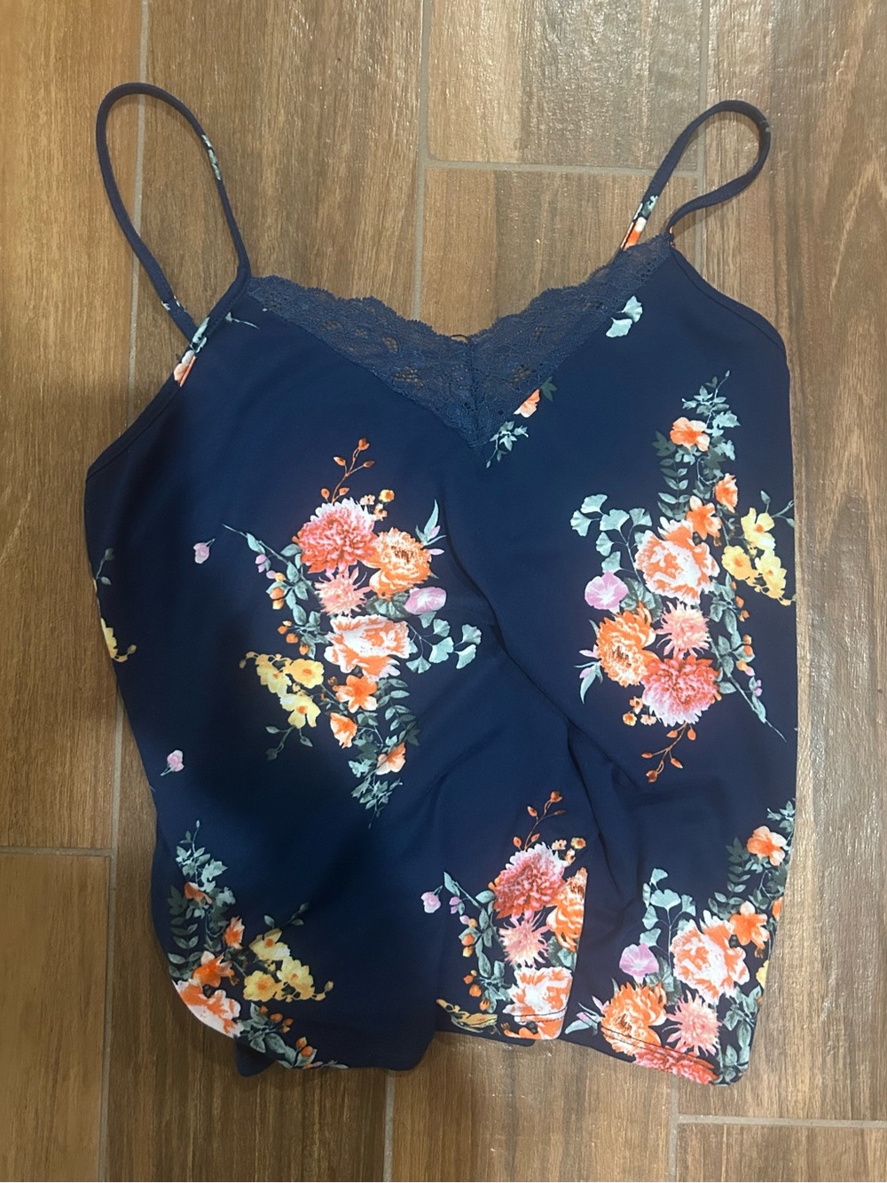 Floral Lace-Trim Navy Cami Top (Check Last Two Photos for Defect in Front Lace)